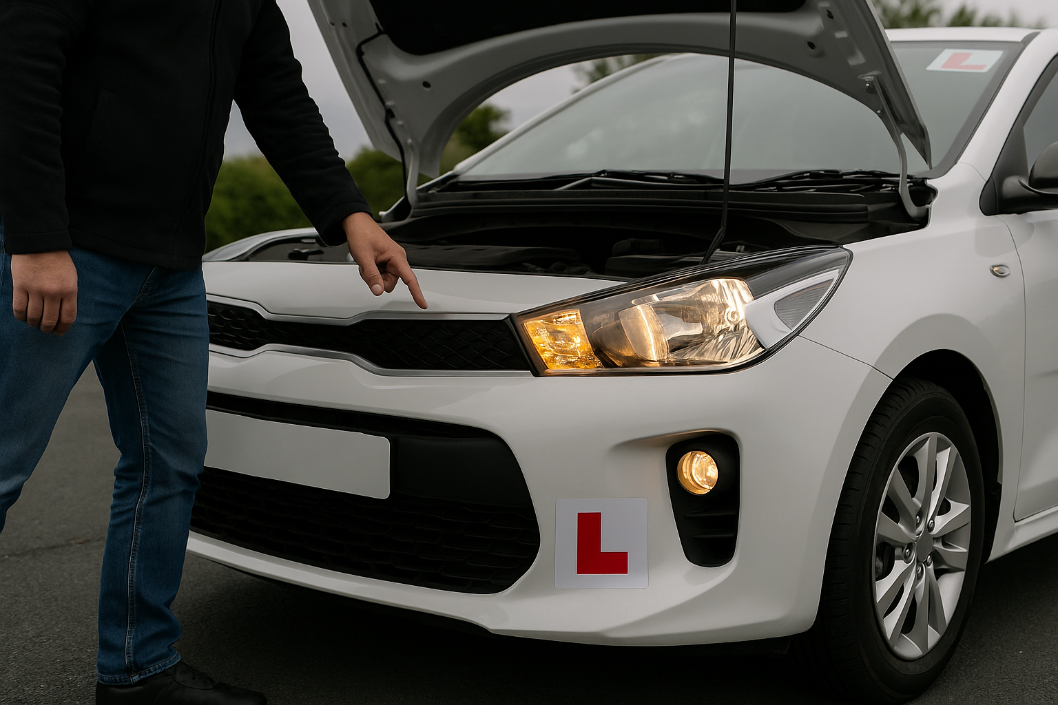 Learner driver checking car lights and tyres before driving test in Ireland.